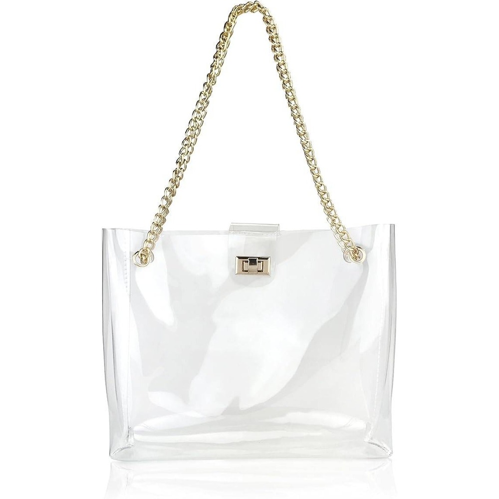 Hoxis Clear PVC Tote Bag Gold Convertible Chain Strap Turn Lock Stadium Purse